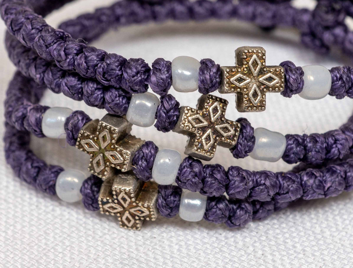 Monastic style prayer rope bracelet 1 piece with 50 knots silver cross bead and white beads in deep purple waxed cord orthodox made in Greece