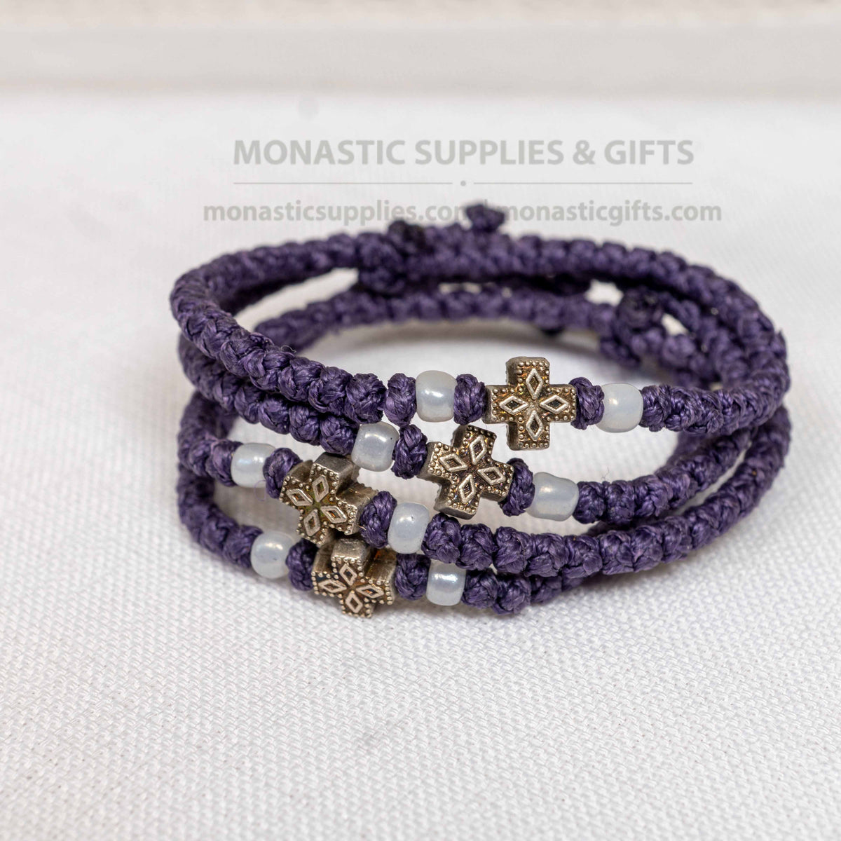 Monastic style prayer rope bracelet 1 piece with 50 knots silver cross bead and white beads in deep purple waxed cord orthodox made in Greece