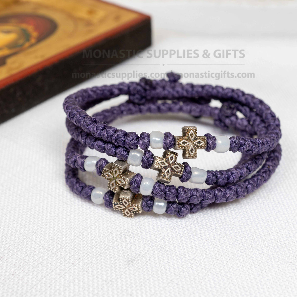 Monastic Style Prayer Rope Bracelet with Cross Bead in Deep Purple - Orthodox - 50 Knots - 1 Piece