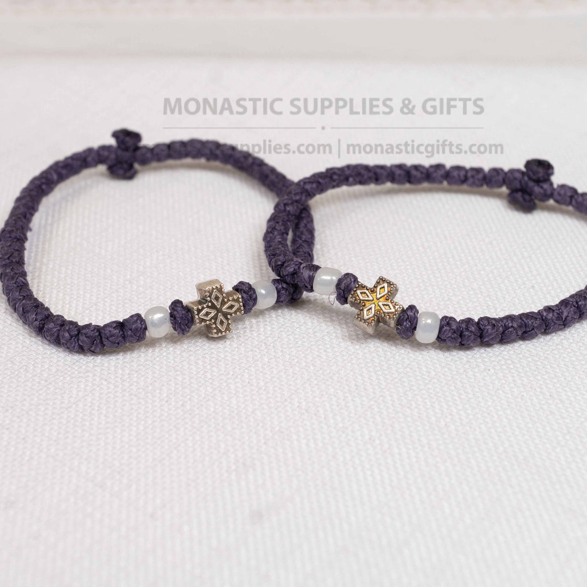 Monastic Style Prayer Rope Bracelet with Cross Bead in Deep Purple - Orthodox - 50 Knots - 1 Piece