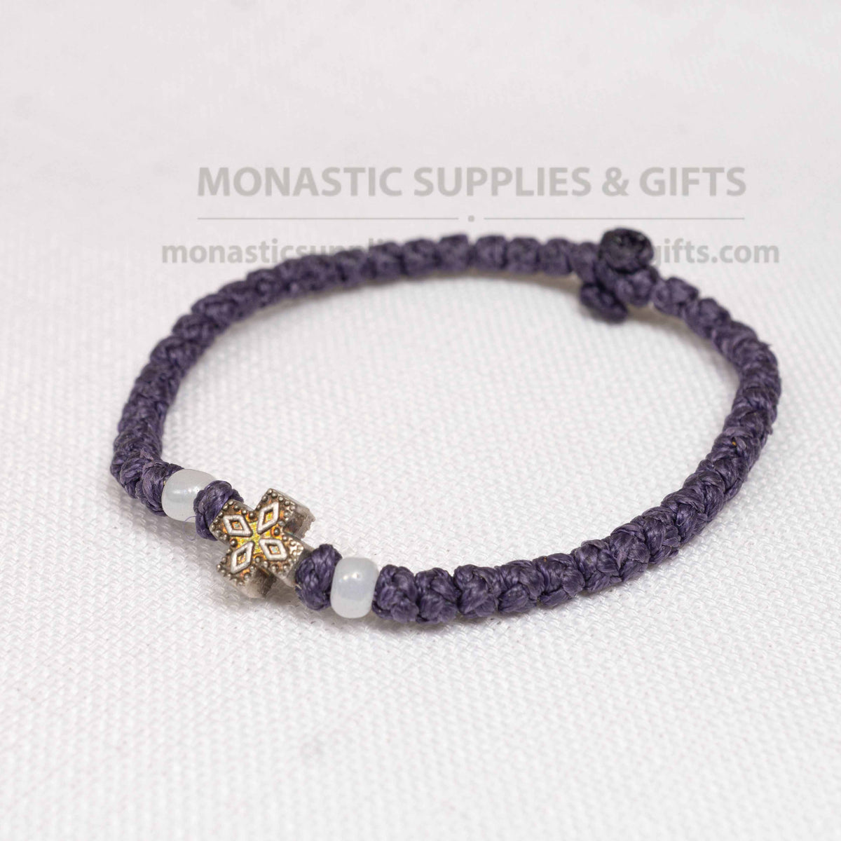 Monastic Style Prayer Rope Bracelet with Cross Bead in Deep Purple - Orthodox - 50 Knots - 1 Piece