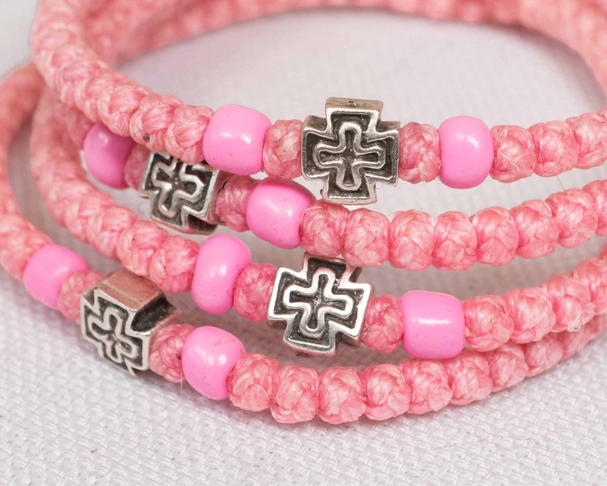 Monastic style prayer rope bracelet 1 piece with 50 knots silver cross bead and pink beads in soft pink waxed cord orthodox made in Greece