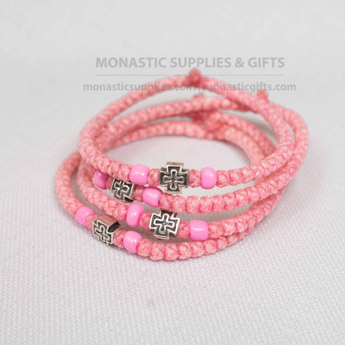 Monastic style prayer rope bracelet 1 piece with 50 knots silver cross bead and pink beads in soft pink waxed cord orthodox made in Greece