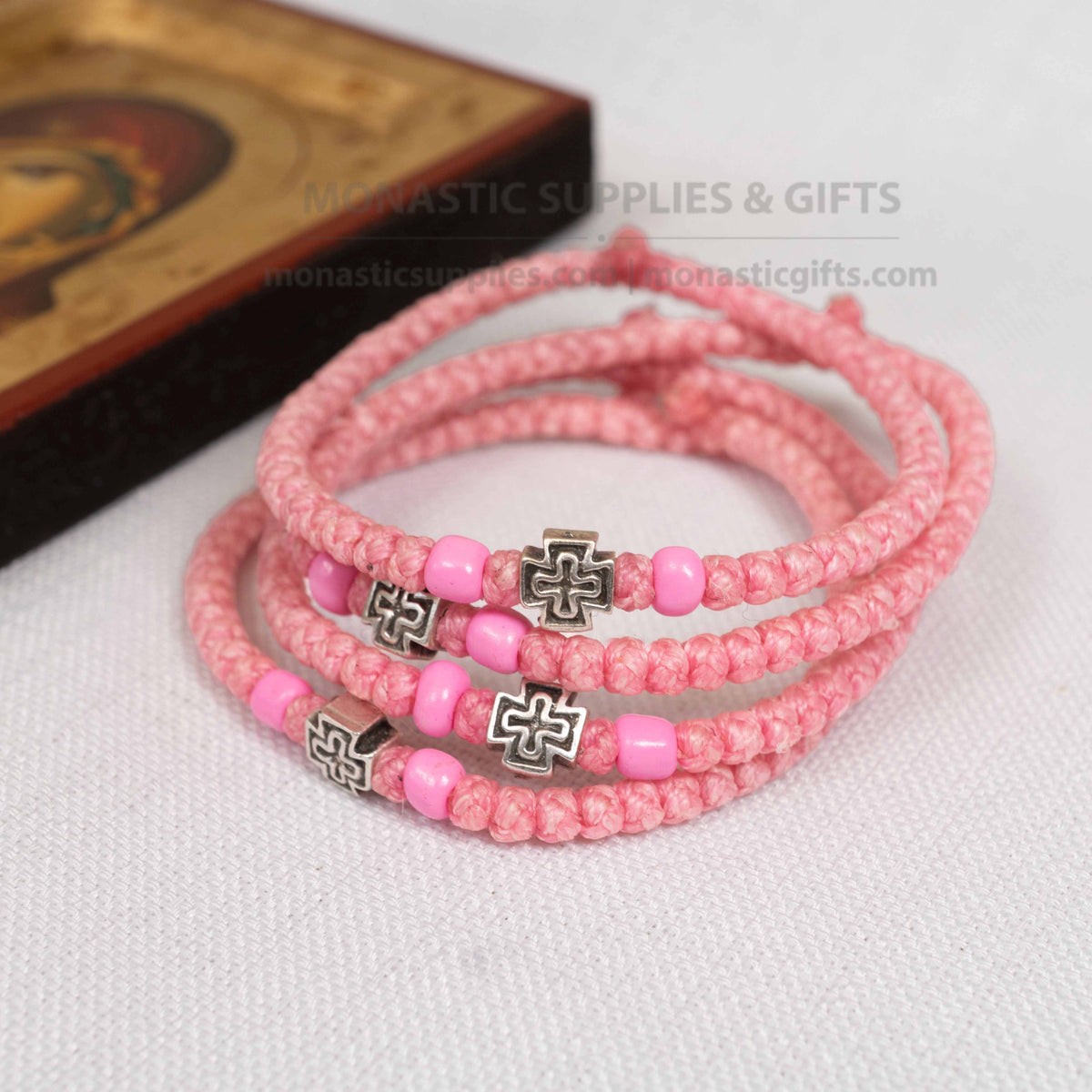 Monastic Style Prayer Rope Bracelet with Cross Bead in Soft Pink - Orthodox - 50 Knots - 1 Piece