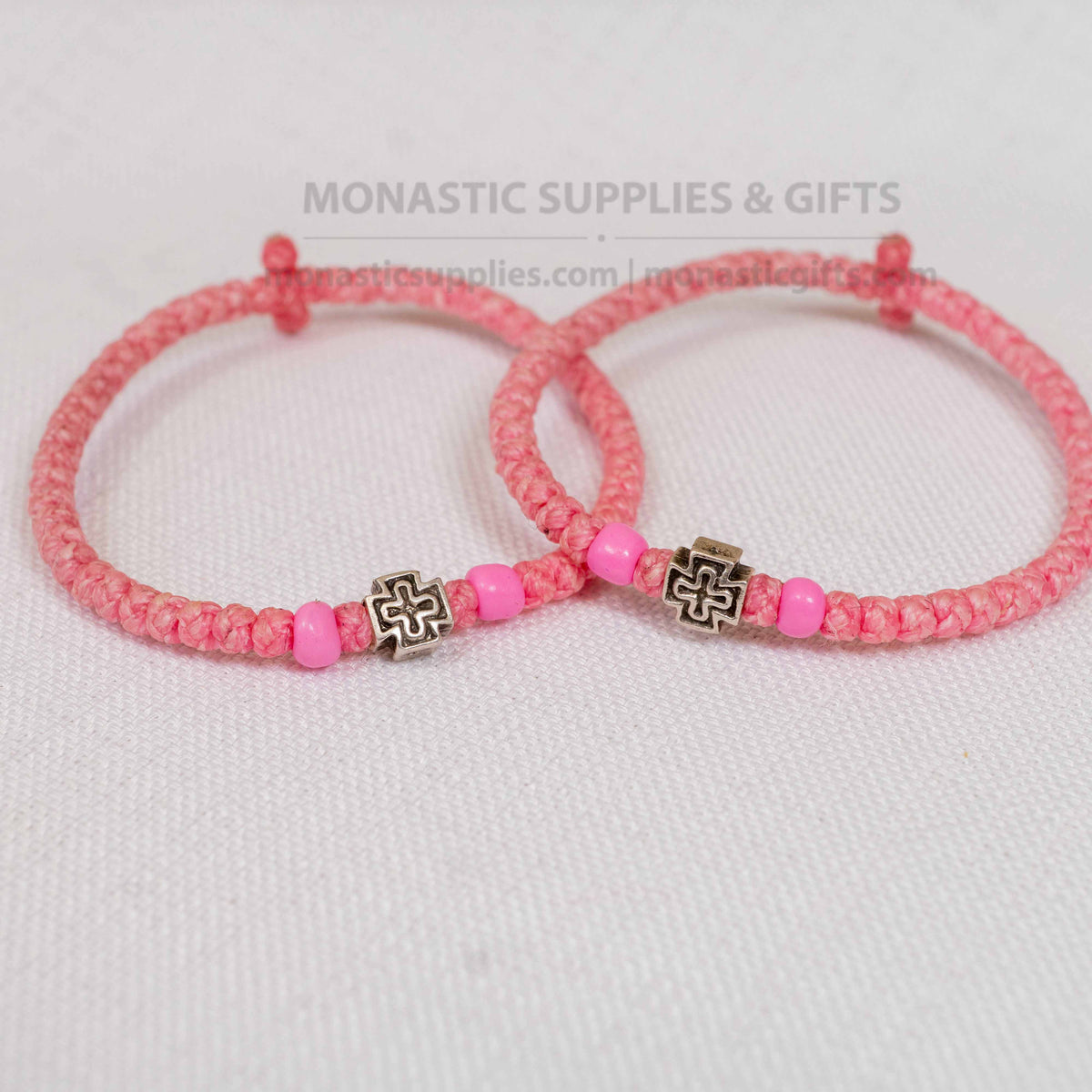Monastic Style Prayer Rope Bracelet with Cross Bead in Soft Pink - Orthodox - 50 Knots - 1 Piece