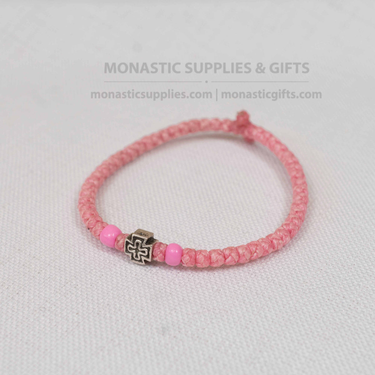 Monastic Style Prayer Rope Bracelet with Cross Bead in Soft Pink - Orthodox - 50 Knots - 1 Piece