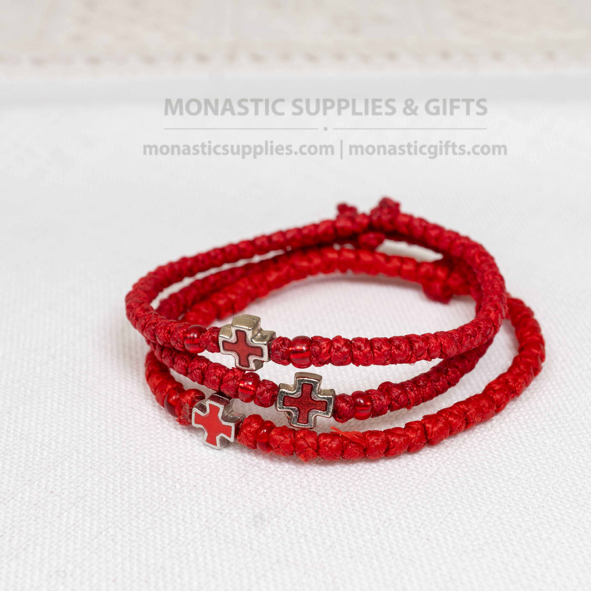 Monastic style prayer rope bracelet 1 piece with 50 knots silver cross bead red enamel and translucent red beads in red waxed cord orthodox made in Greece