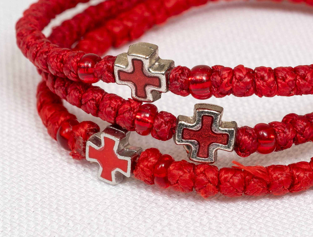 Monastic style prayer rope bracelet 1 piece with 50 knots silver cross bead red enamel and translucent red beads in red waxed cord orthodox made in Greece