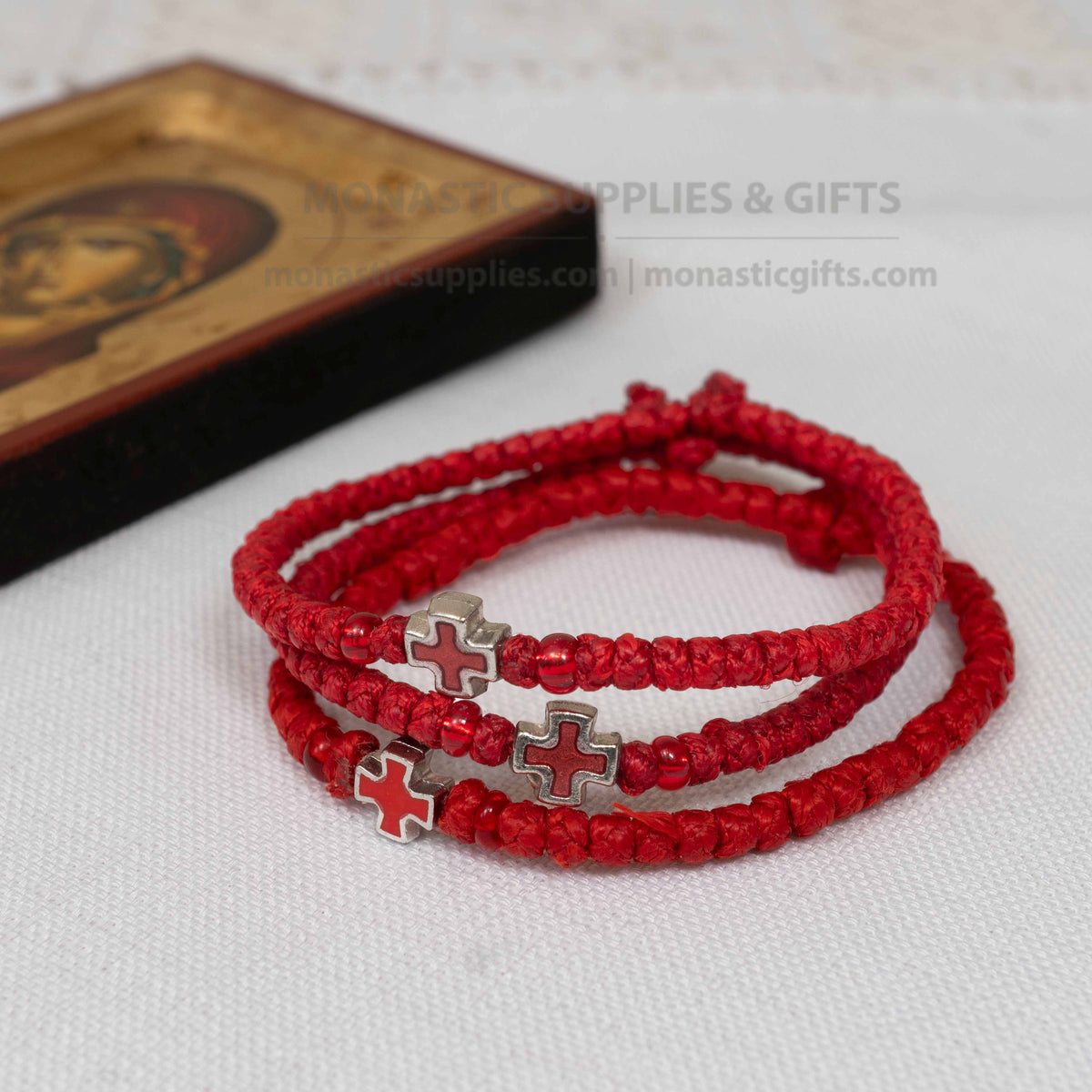 Monastic style prayer rope bracelet 1 piece with 50 knots silver cross bead red enamel and translucent red beads in red waxed cord orthodox made in Greece