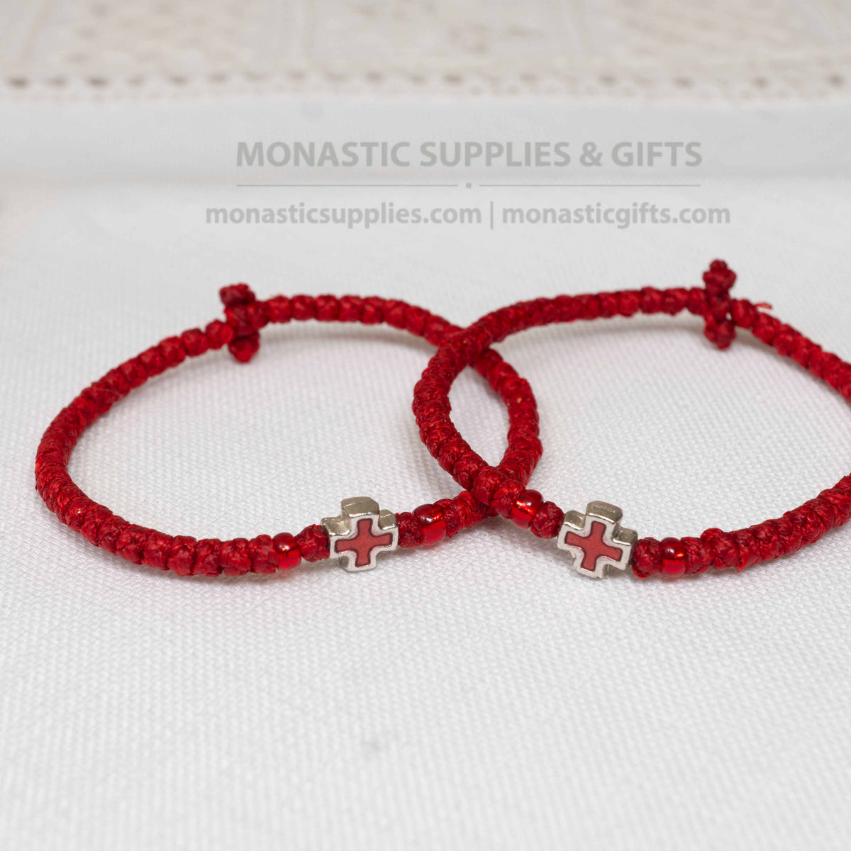 Monastic Style Prayer Rope Bracelet with Cross Bead in Vibrant Red - Orthodox - 50 Knots - 1 Piece