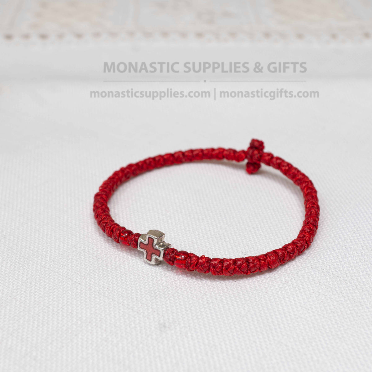 Monastic Style Prayer Rope Bracelet with Cross Bead in Vibrant Red - Orthodox - 50 Knots - 1 Piece