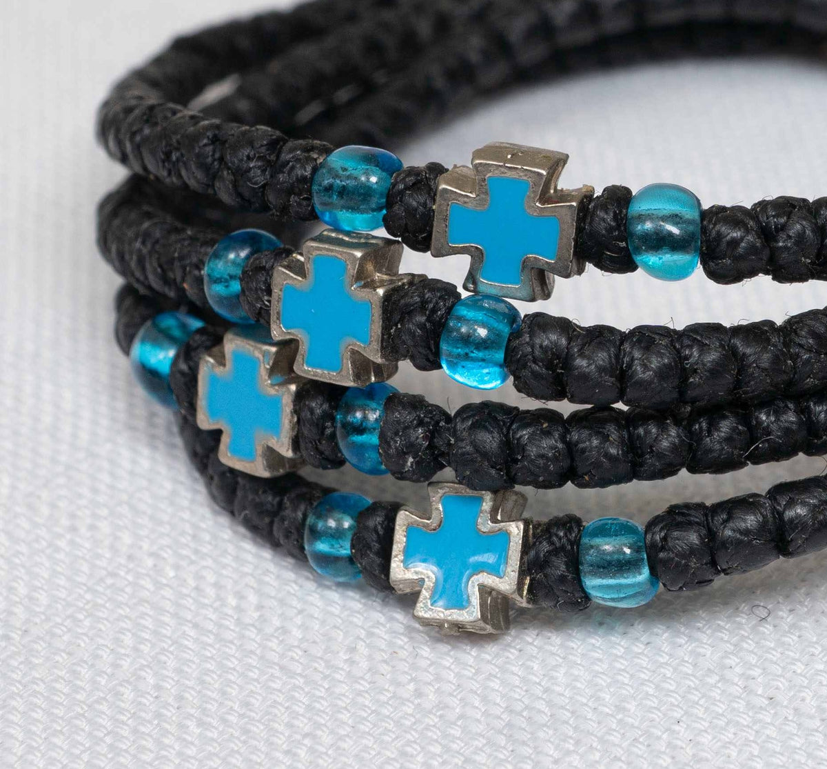 Monastic style prayer rope bracelet 1 piece with 50 knots silver cross bead turquoise enamel and translucent blue beads in black waxed cord orthodox made in Greece