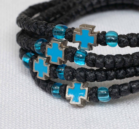 Monastic style prayer rope bracelet 1 piece with 50 knots silver cross bead turquoise enamel and translucent blue beads in black waxed cord orthodox made in Greece