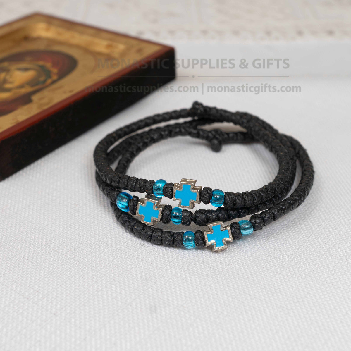 Monastic style prayer rope bracelet 1 piece with 50 knots silver cross bead turquoise enamel and translucent blue beads in black waxed cord orthodox made in Greece