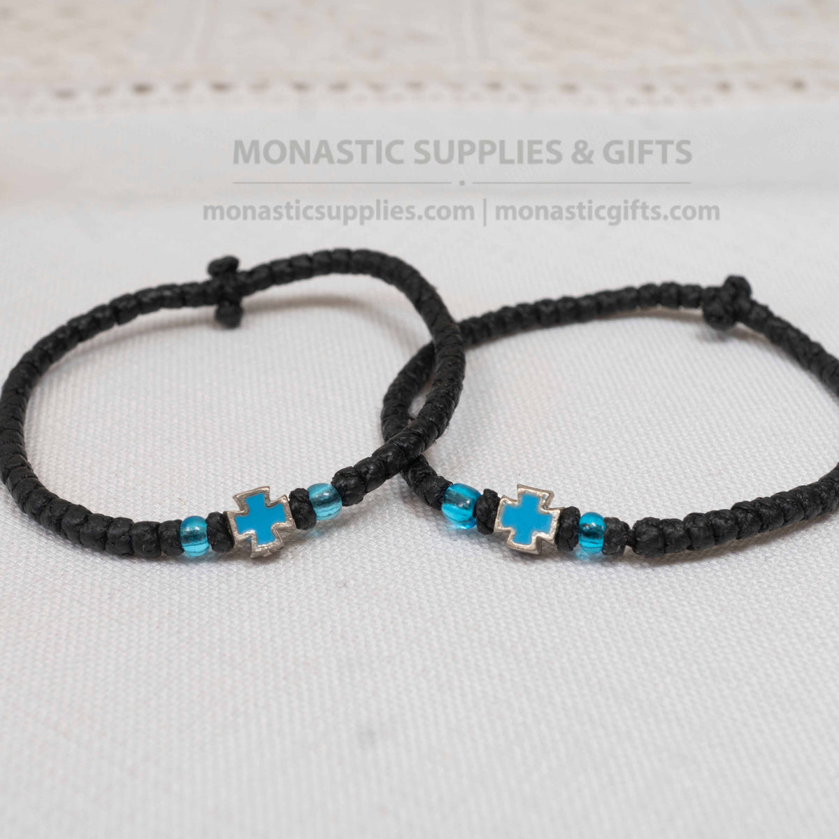 Monastic Style Prayer Rope Bracelet with Cross Bead in Black and Turquoise Blue - Orthodox - 50 Knots - 1 Piece