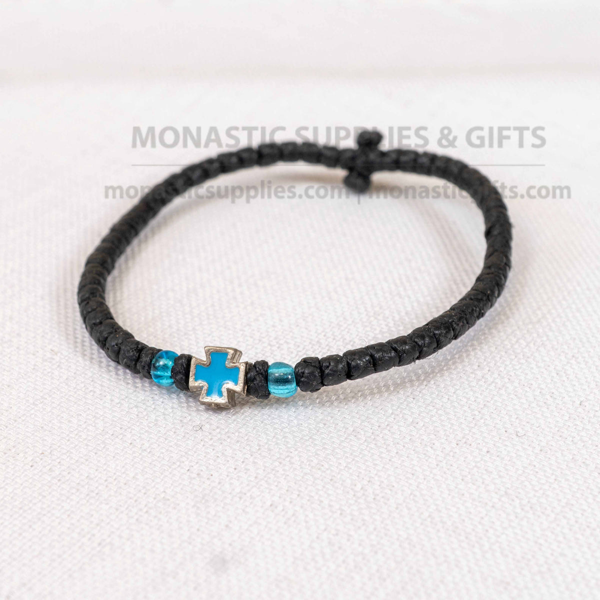 Monastic Style Prayer Rope Bracelet with Cross Bead in Black and Turquoise Blue - Orthodox - 50 Knots - 1 Piece