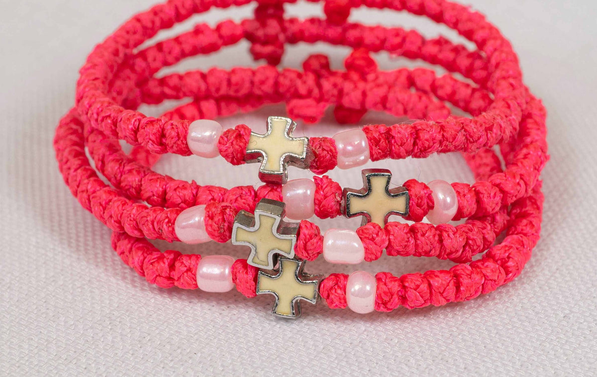 Monastic style prayer rope bracelet 1 piece with 50 knots silver cross bead white enamel and pearl beads in fuchsia pink waxed cord orthodox made in Greece