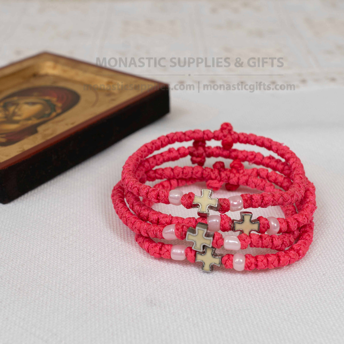 Monastic style prayer rope bracelet 1 piece with 50 knots silver cross bead white enamel and pearl beads in fuchsia pink waxed cord orthodox made in Greece