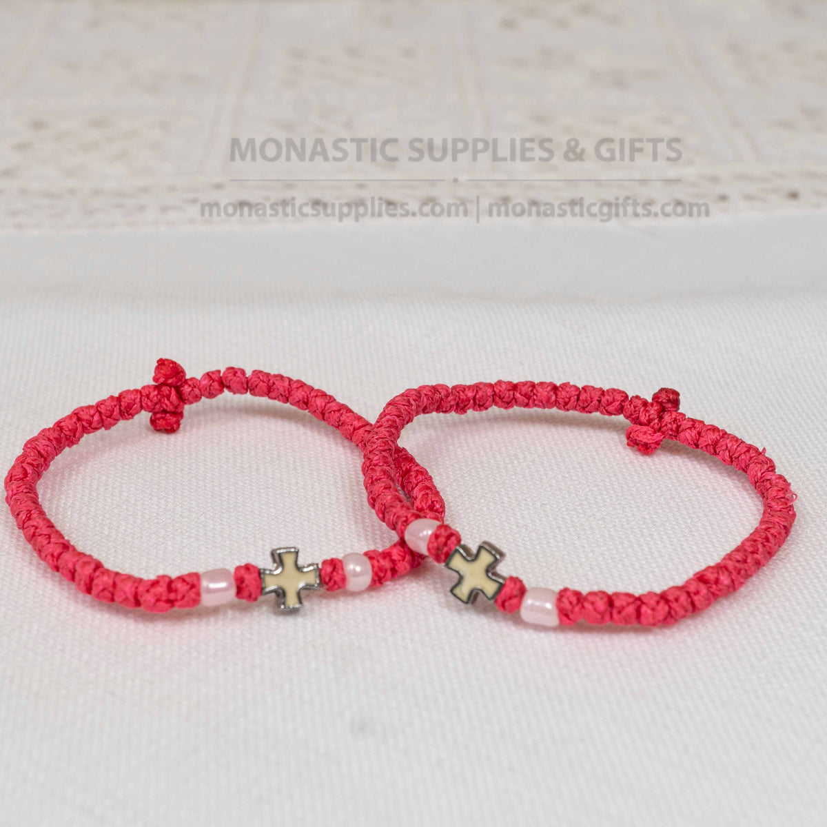 Monastic style prayer rope bracelet 1 piece with 50 knots silver cross bead white enamel and pearl beads in fuchsia pink waxed cord orthodox made in Greece