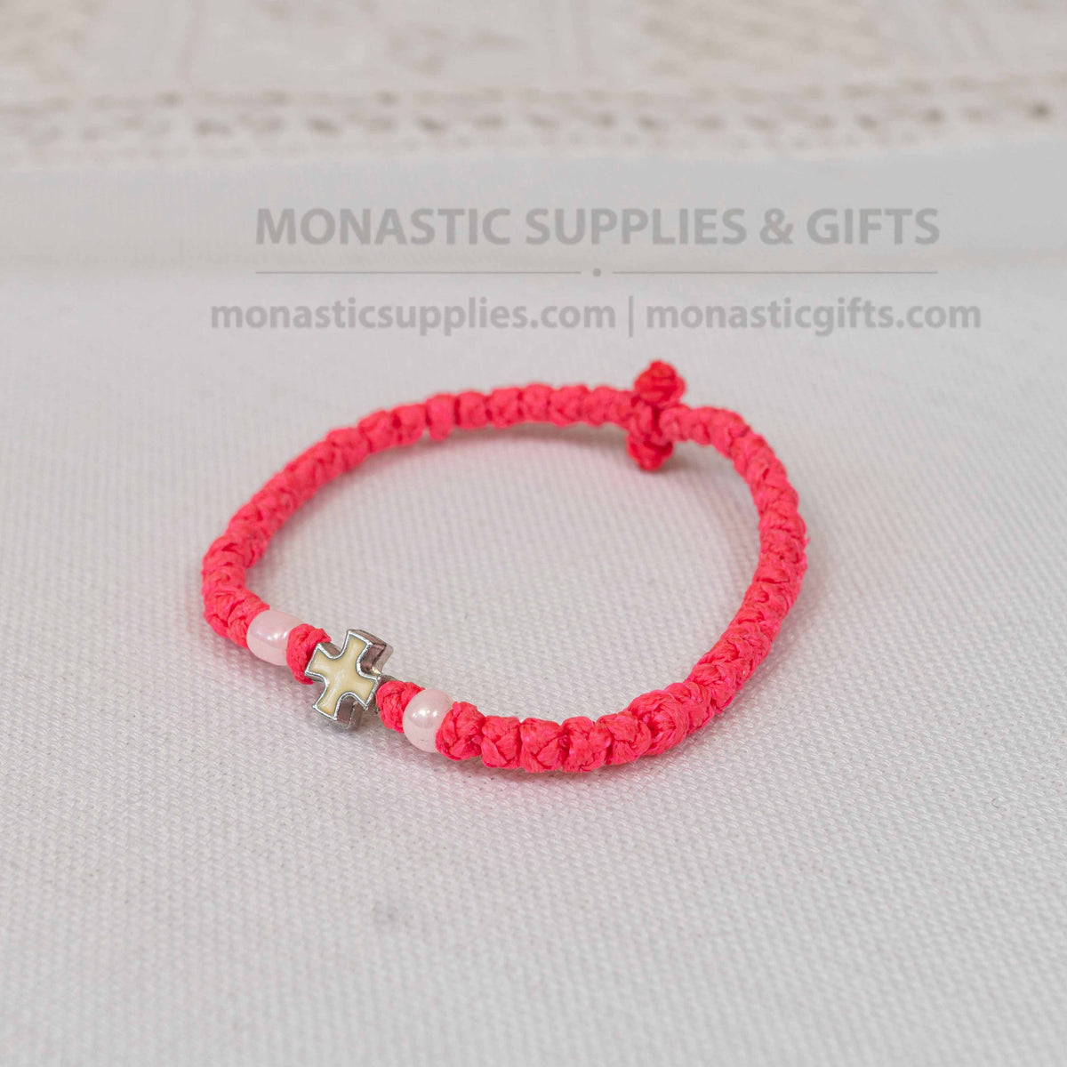 Monastic style prayer rope bracelet 1 piece with 50 knots silver cross bead white enamel and pearl beads in fuchsia pink waxed cord orthodox made in Greece