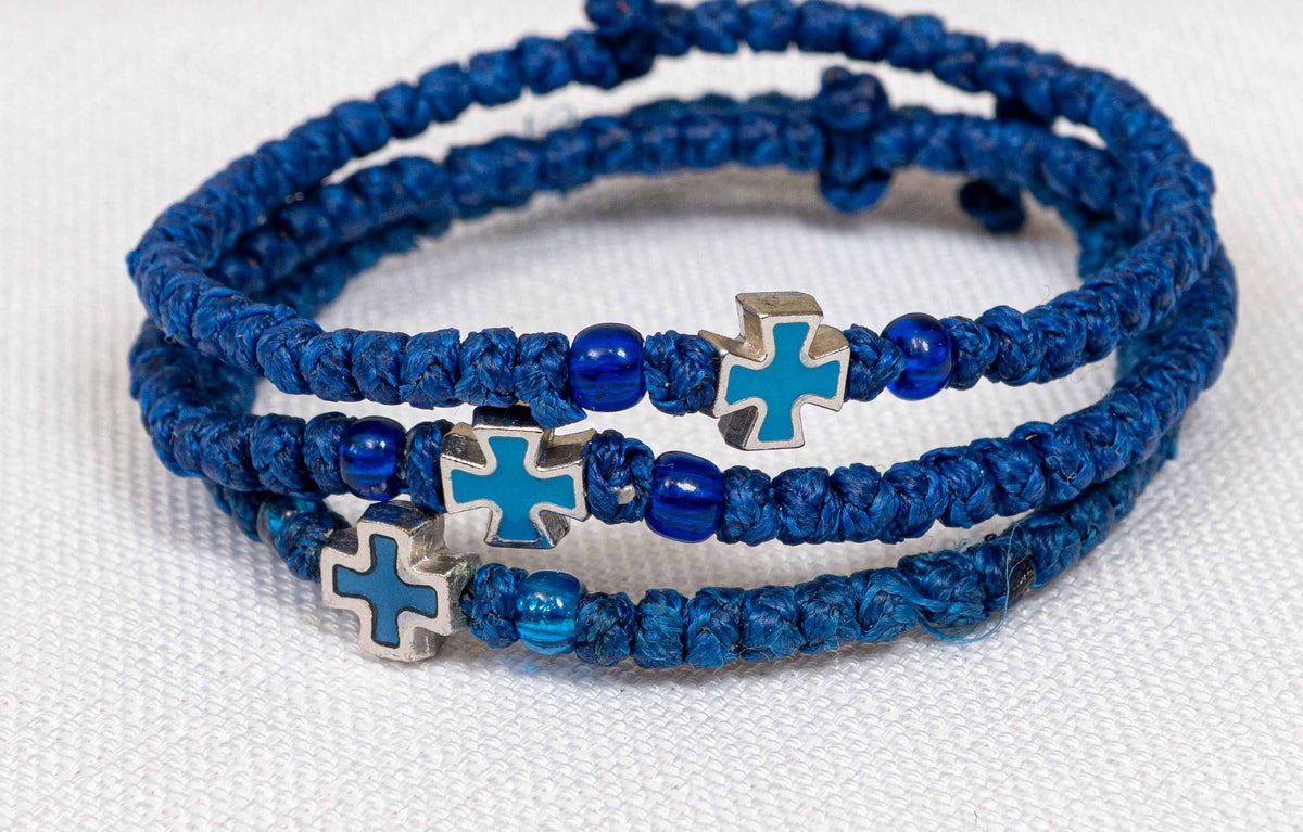 Monastic style prayer rope bracelet 1 piece with 50 knots silver cross bead turquoise enamel and translucent blue beads in deep blue waxed cord orthodox made in Greece