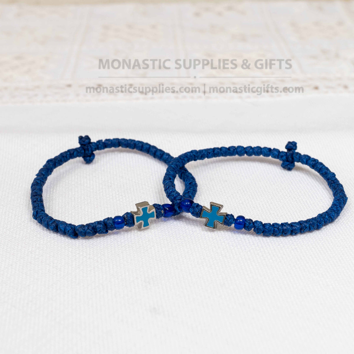 Monastic style prayer rope bracelet 1 piece with 50 knots silver cross bead turquoise enamel and translucent blue beads in deep blue waxed cord orthodox made in Greece