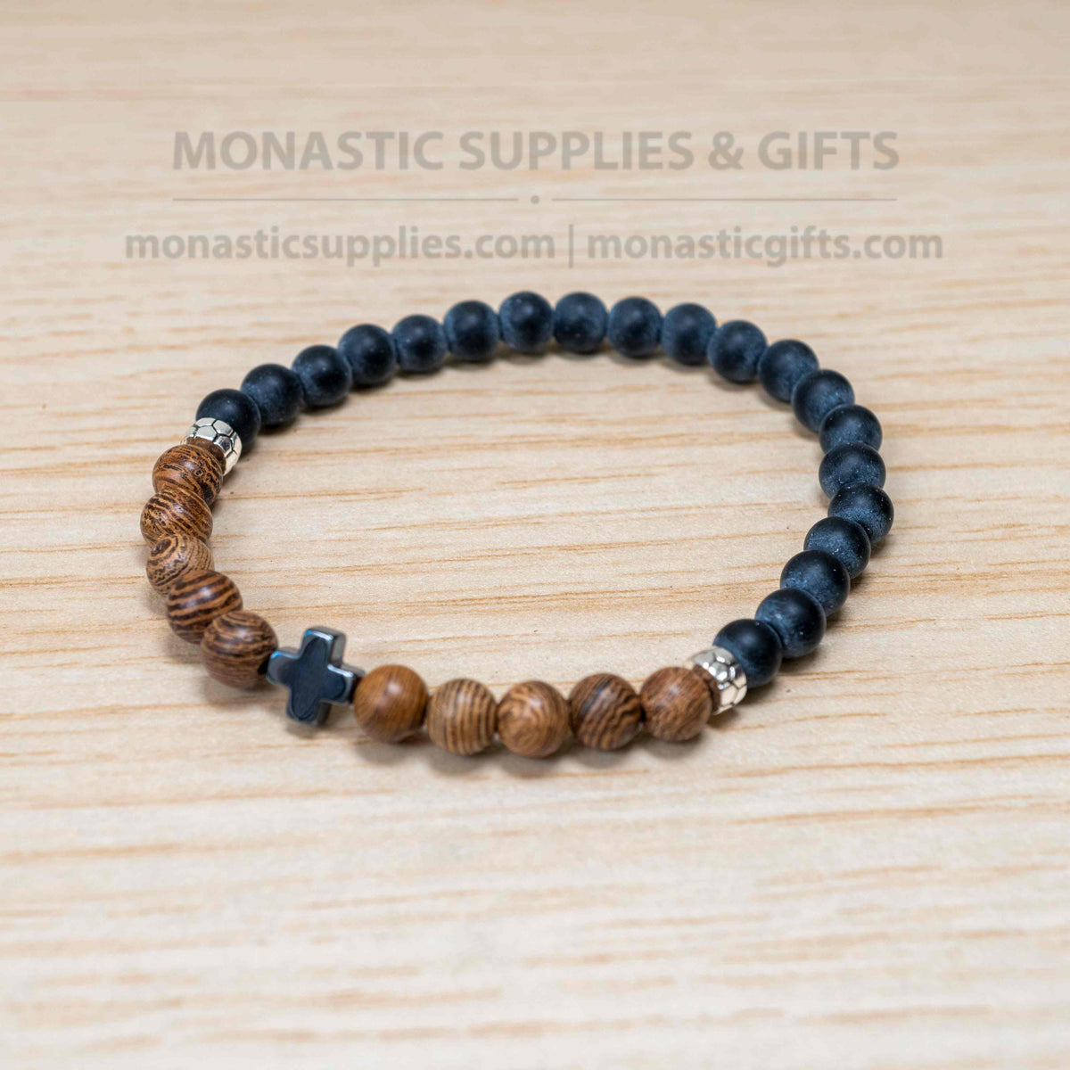 Lava stone and wood bead prayer bracelet with hematite cross handmade elastic stretch band in IC XC NIKA gift box made in Greece
