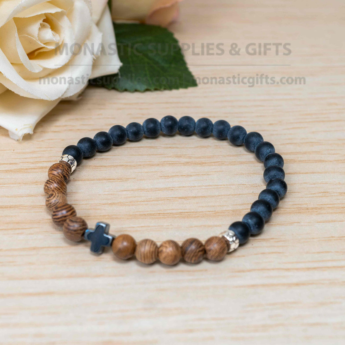 Lava stone and wood bead prayer bracelet with hematite cross handmade elastic stretch band in IC XC NIKA gift box made in Greece