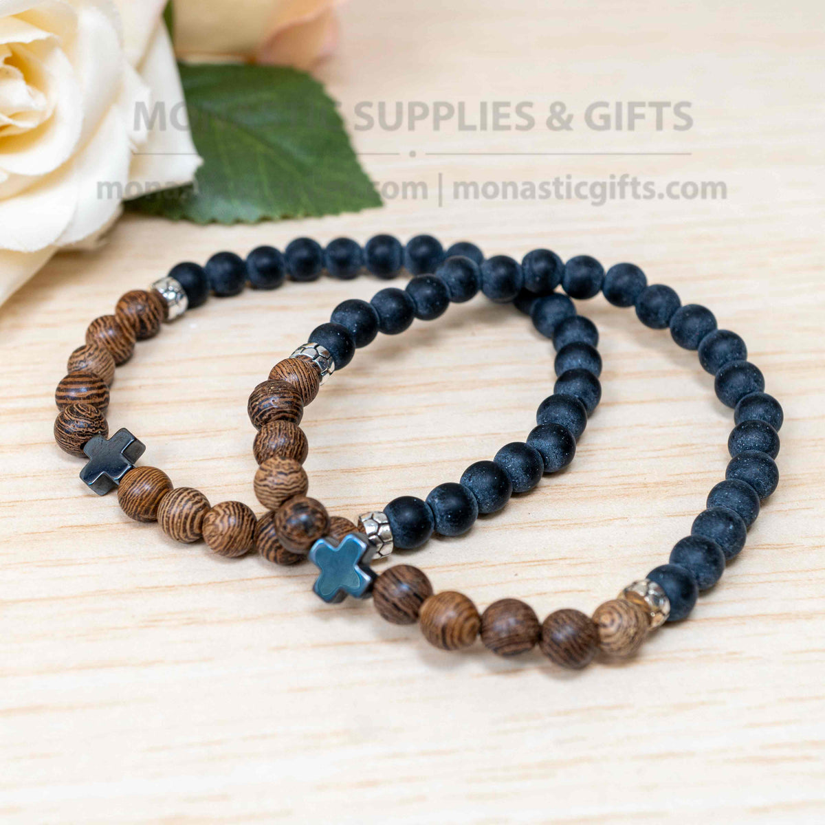 Lava stone and wood bead prayer bracelet with hematite cross handmade elastic stretch band in IC XC NIKA gift box made in Greece