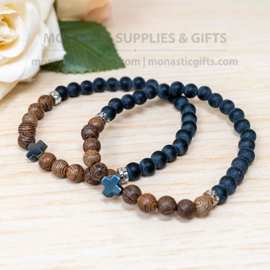 Lava stone and wood bead prayer bracelet with hematite cross handmade elastic stretch band in IC XC NIKA gift box made in Greece