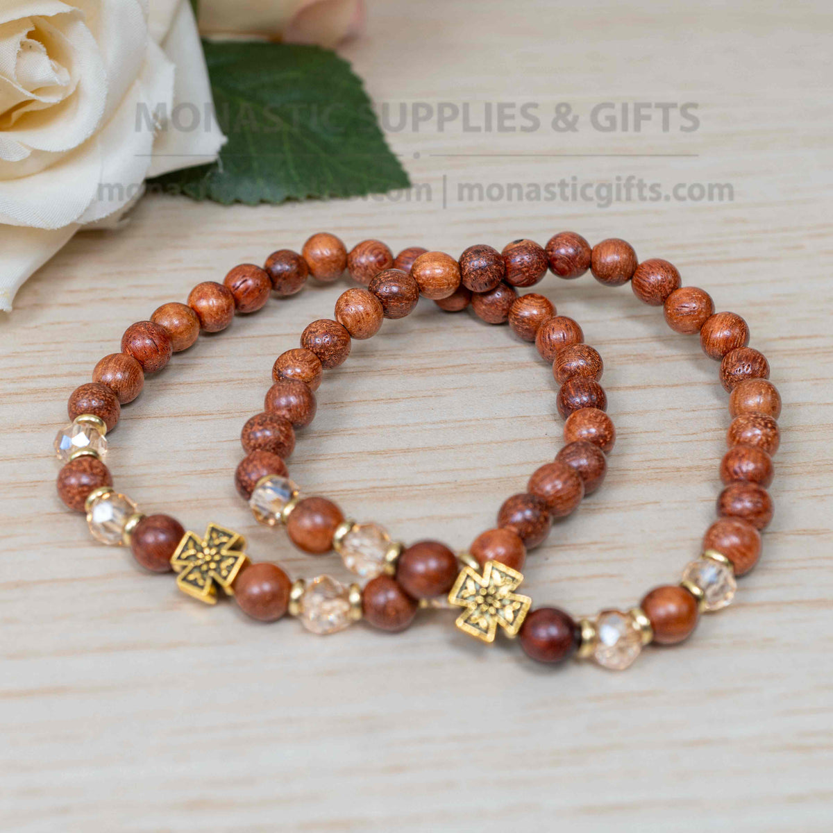 Wood and clear faceted crystal bead prayer bracelet with carved bronze patina cross handmade elastic stretch band made in Greece