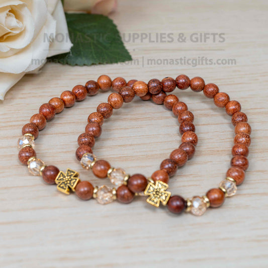 Wood and clear faceted crystal bead prayer bracelet with carved bronze patina cross handmade elastic stretch band made in Greece