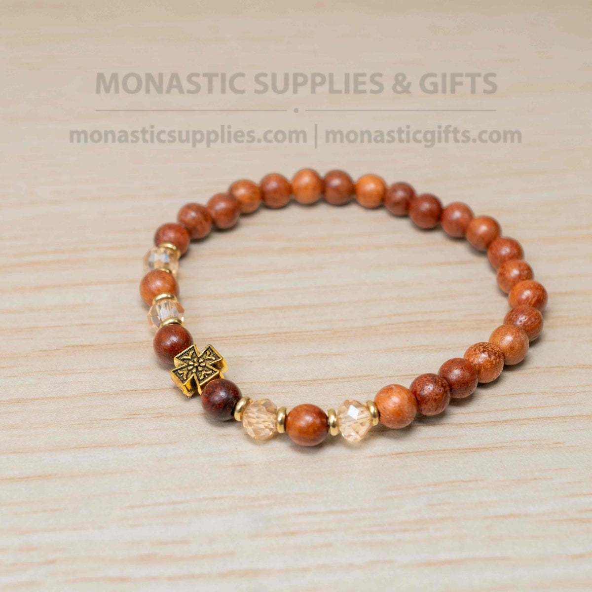 Wood and clear faceted crystal bead prayer bracelet with carved bronze patina cross handmade elastic stretch band made in Greece