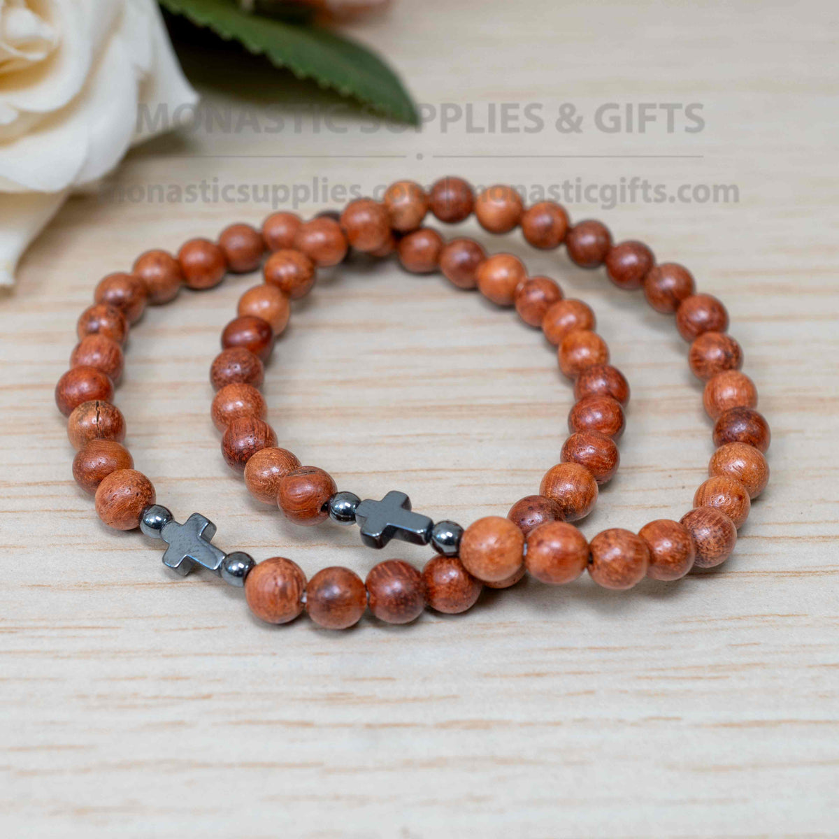 Wood bead prayer bracelet with natural hematite stone cross handmade elastic stretch band made in Greece