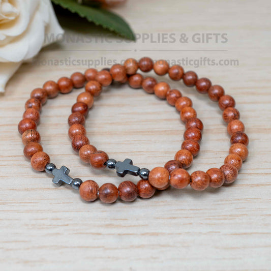 Wood bead prayer bracelet with natural hematite stone cross handmade elastic stretch band made in Greece