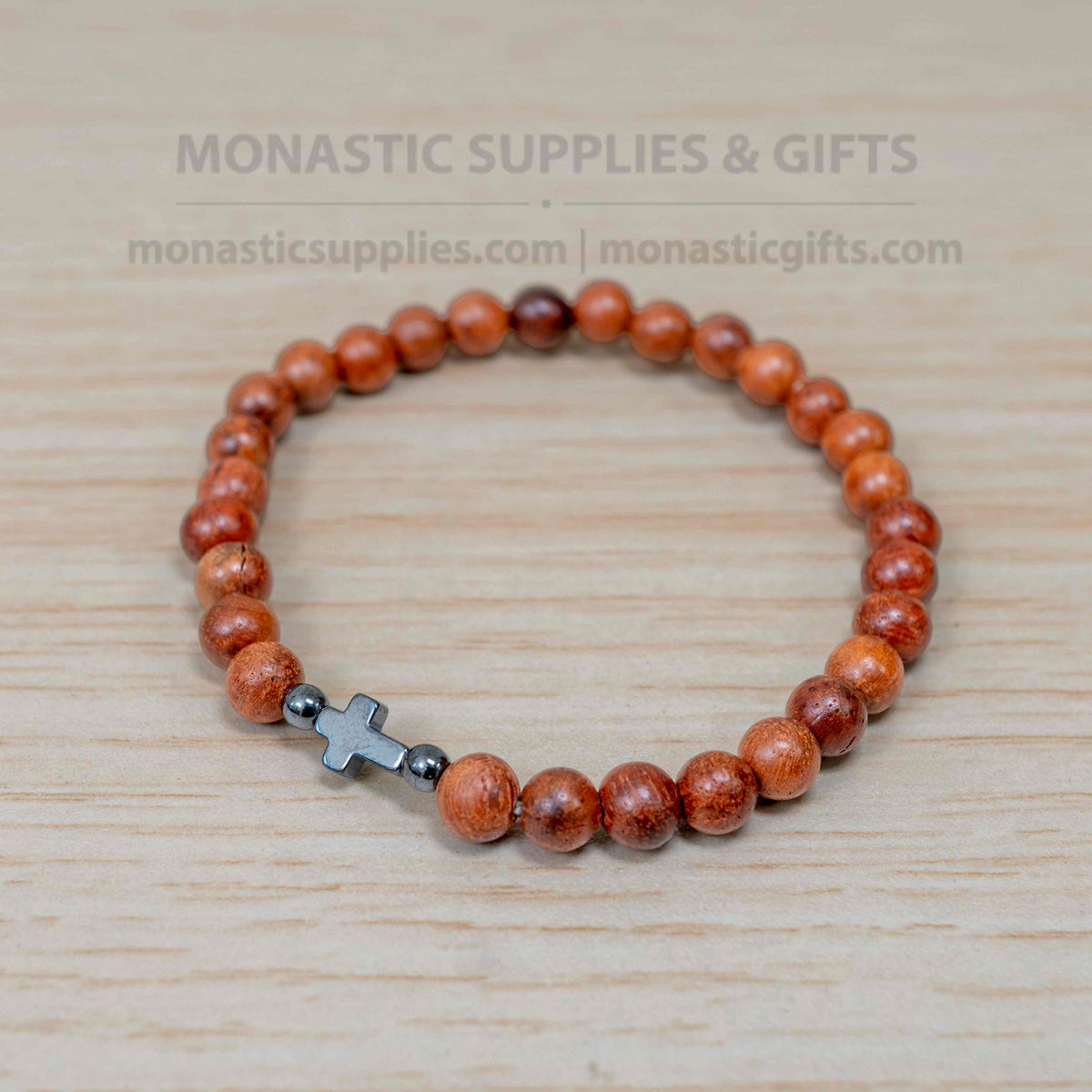 Wood bead prayer bracelet with natural hematite stone cross handmade elastic stretch band made in Greece