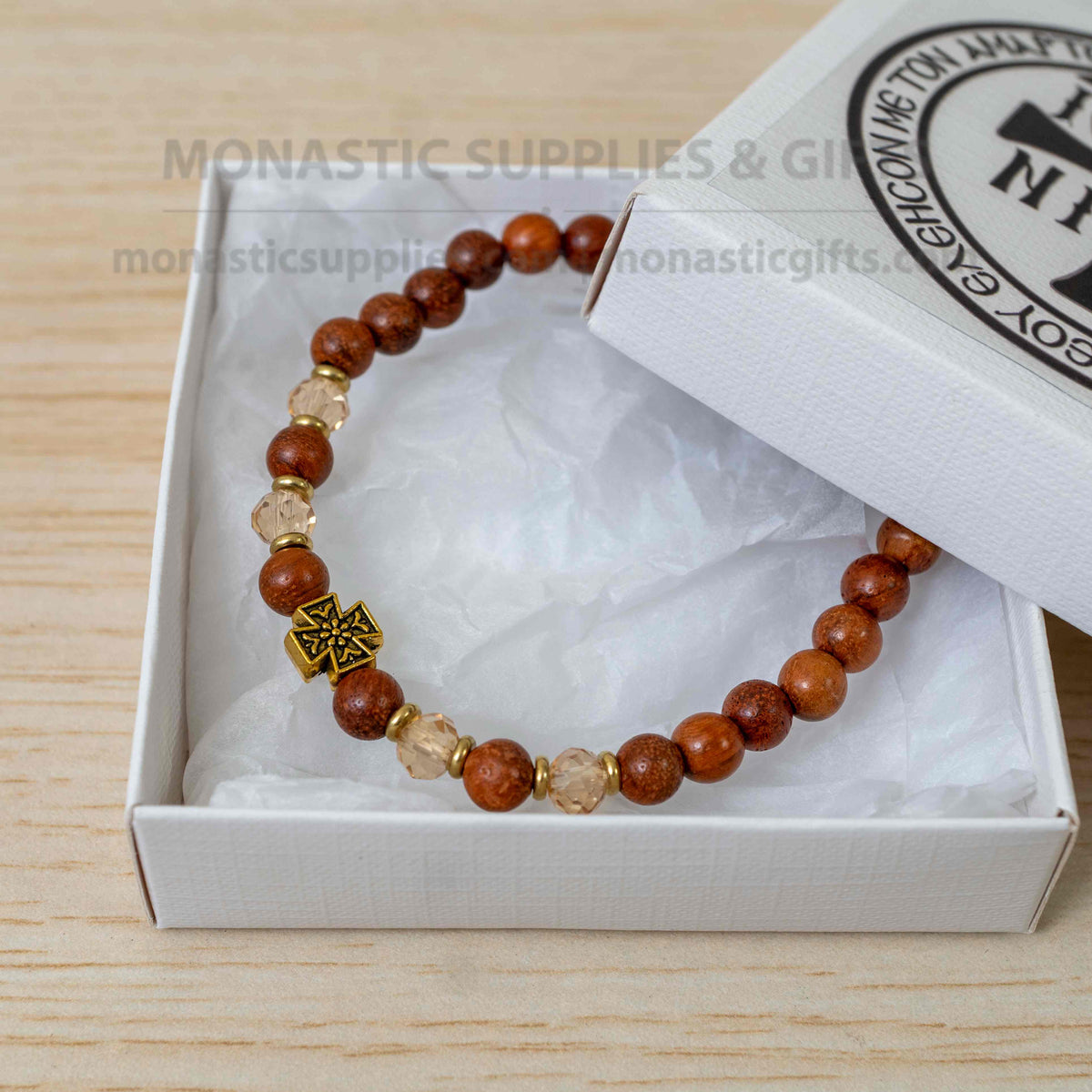 Wood and clear faceted crystal bead prayer bracelet with carved bronze patina cross handmade elastic stretch band made in Greece