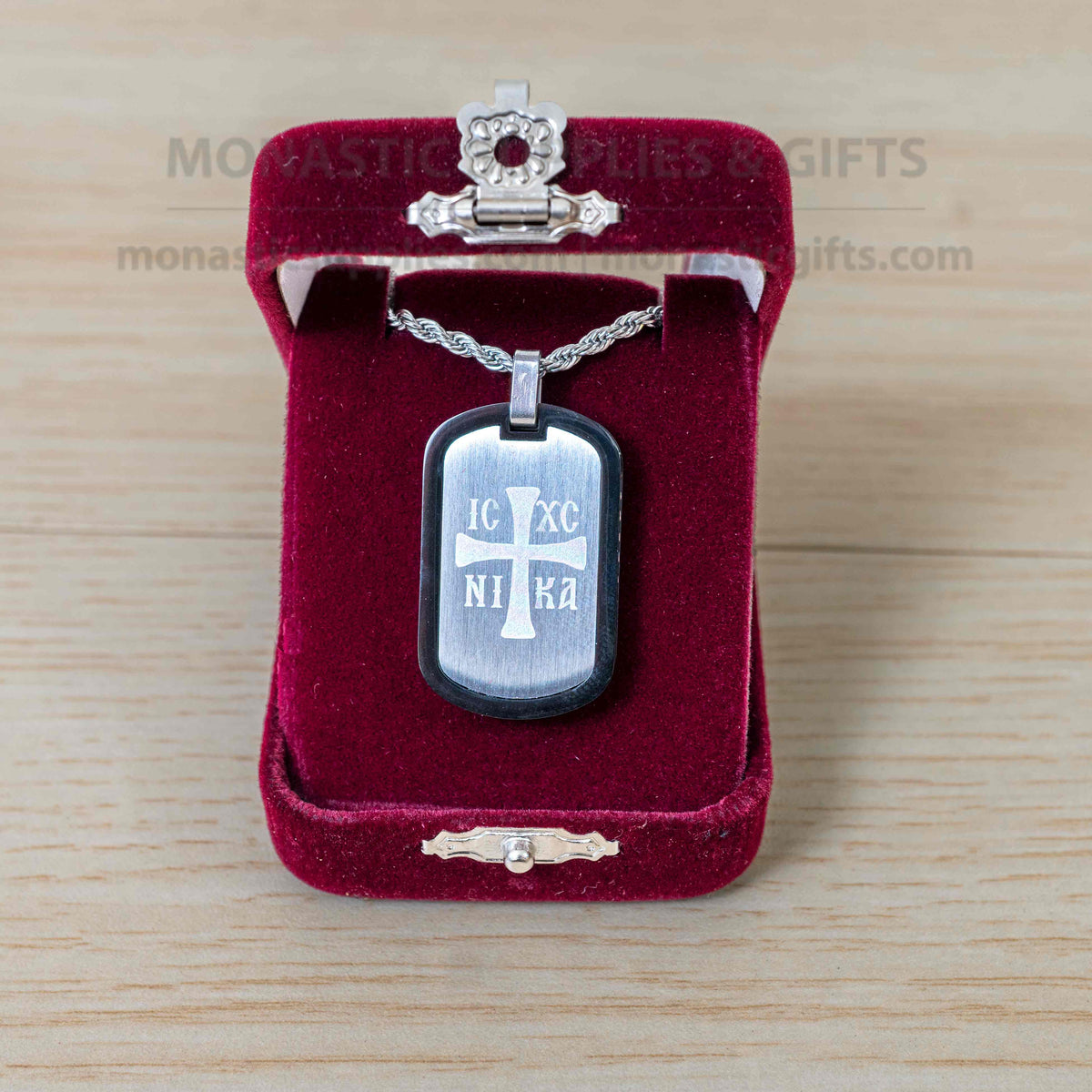 IC XC NIKA cross and Jesus Prayer 316L stainless steel double sided dog tag pendant necklace with rope chain in velvet case handmade in Greece