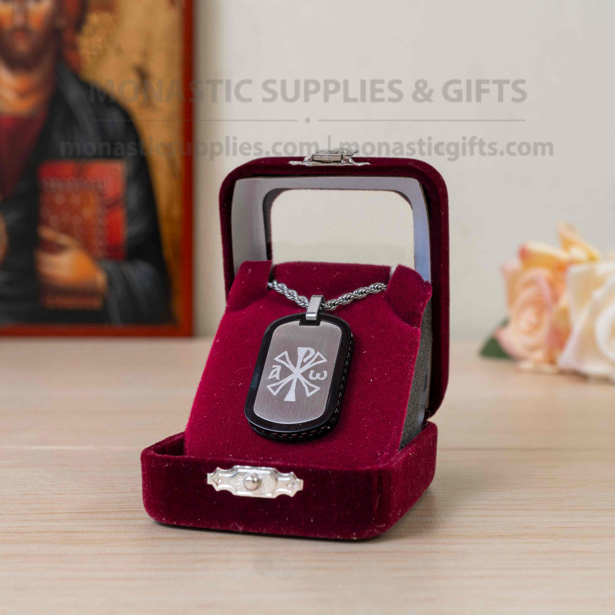 Chi-Rho and Jesus Prayer 316L stainless steel double sided dog tag pendant necklace with rope chain in velvet case handmade in Greece