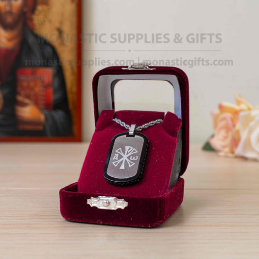 Chi-Rho and Jesus Prayer 316L stainless steel double sided dog tag pendant necklace with rope chain in velvet case handmade in Greece