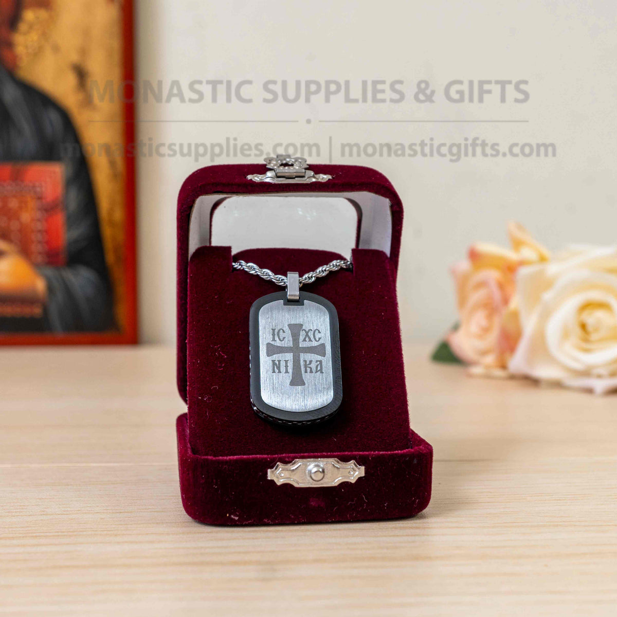IC XC NIKA cross and Jesus Prayer 316L stainless steel double sided dog tag pendant necklace with rope chain in velvet case handmade in Greece