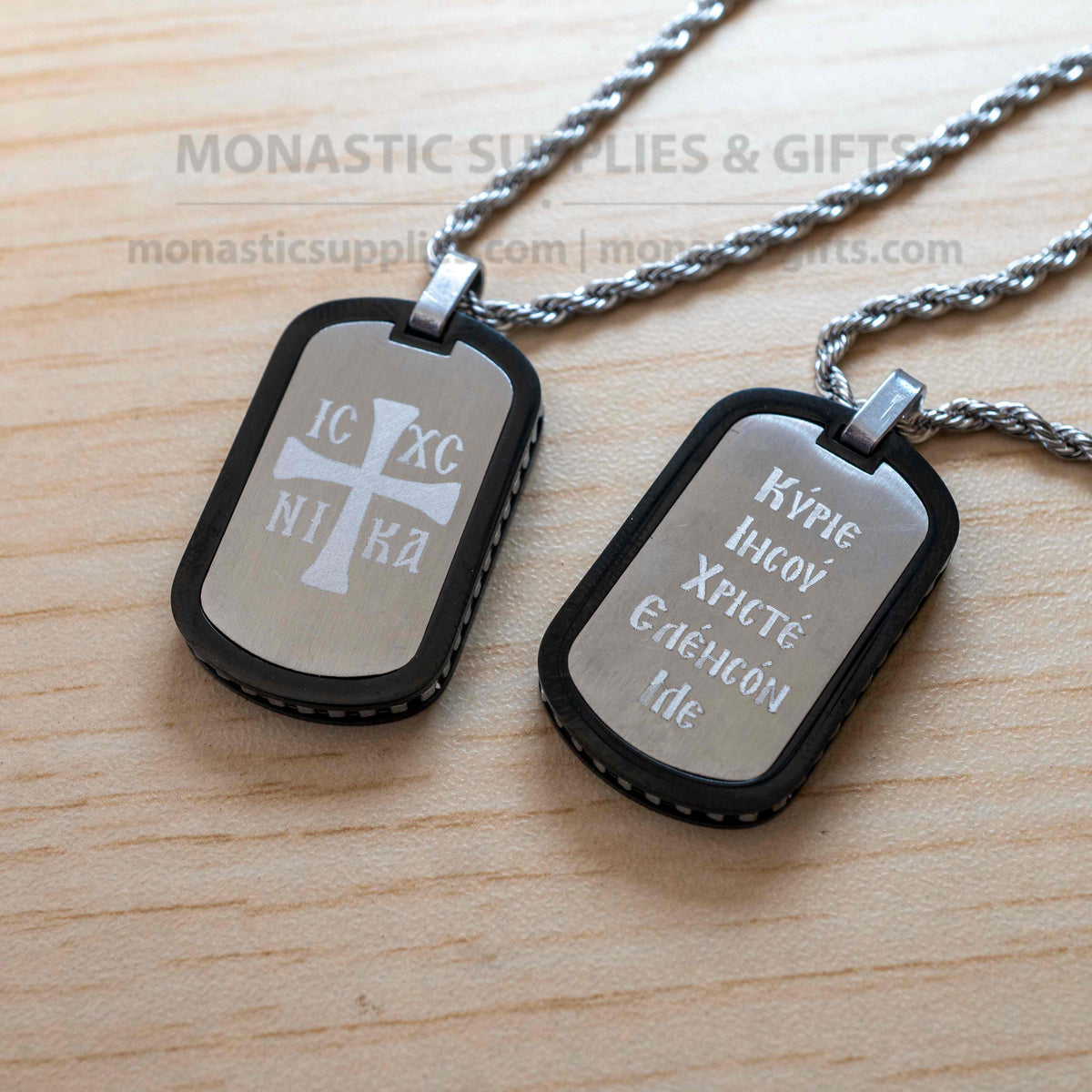 IC XC NIKA cross and Jesus Prayer 316L stainless steel double sided dog tag pendant necklace with rope chain in velvet case handmade in Greece