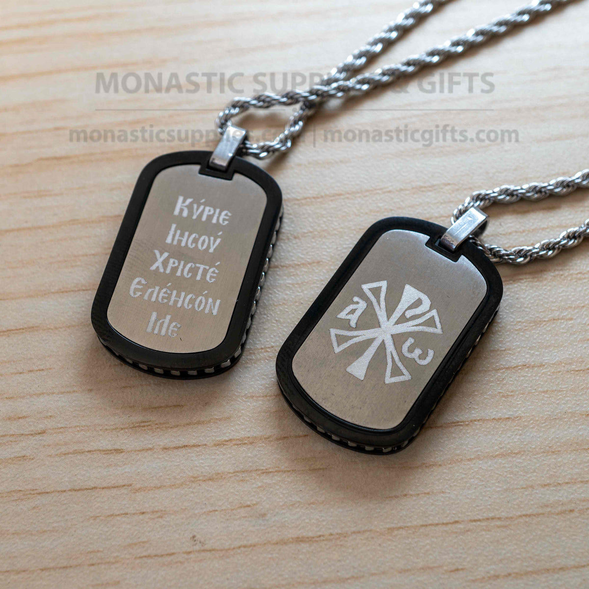 Chi-Rho and Jesus Prayer 316L stainless steel double sided dog tag pendant necklace with rope chain in velvet case handmade in Greece