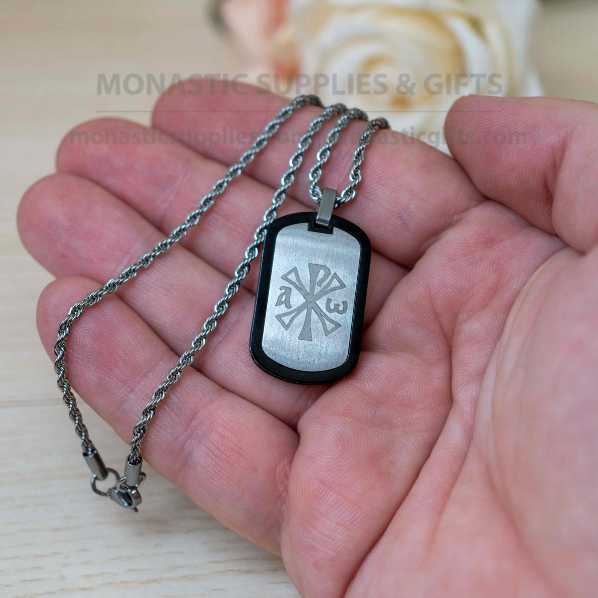 Chi-Rho and Jesus Prayer 316L stainless steel double sided dog tag pendant necklace with rope chain in velvet case handmade in Greece