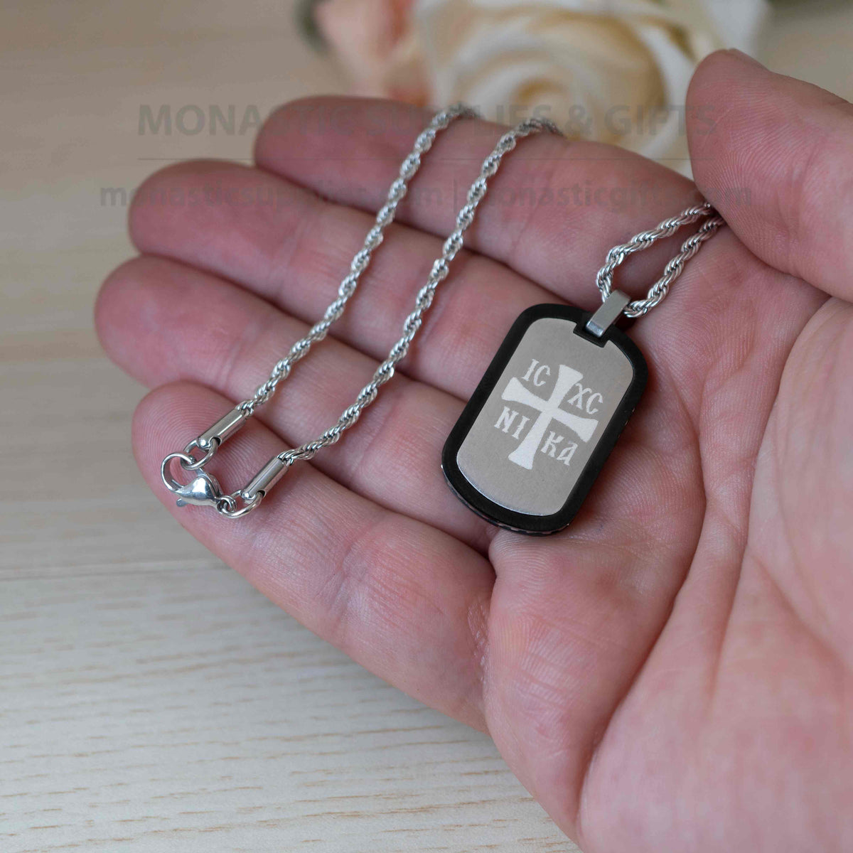 IC XC NIKA Cross & Jesus Prayer 316L Stainless Steel Dog Tag Pendant Necklace with Chain - Handmade Orthodox Velvet Box - 1 Piece