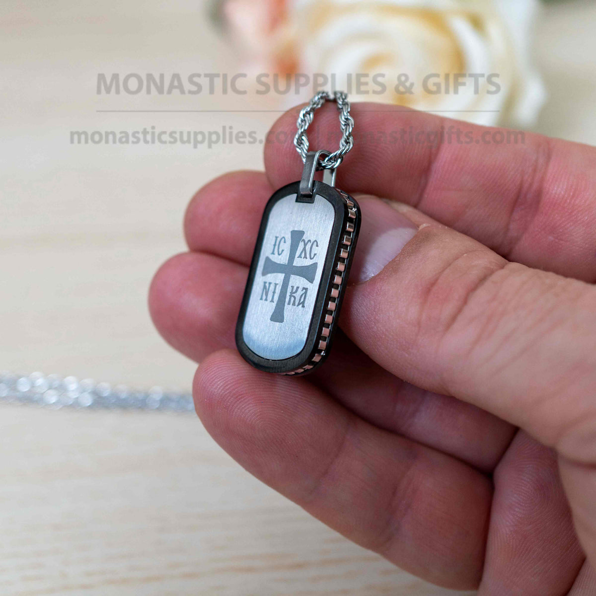 IC XC NIKA Cross & Jesus Prayer 316L Stainless Steel Dog Tag Pendant Necklace with Chain - Handmade Orthodox Velvet Box - 1 Piece