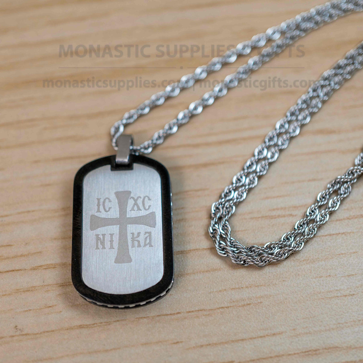 IC XC NIKA Cross & Jesus Prayer 316L Stainless Steel Dog Tag Pendant Necklace with Chain - Handmade Orthodox Velvet Box - 1 Piece