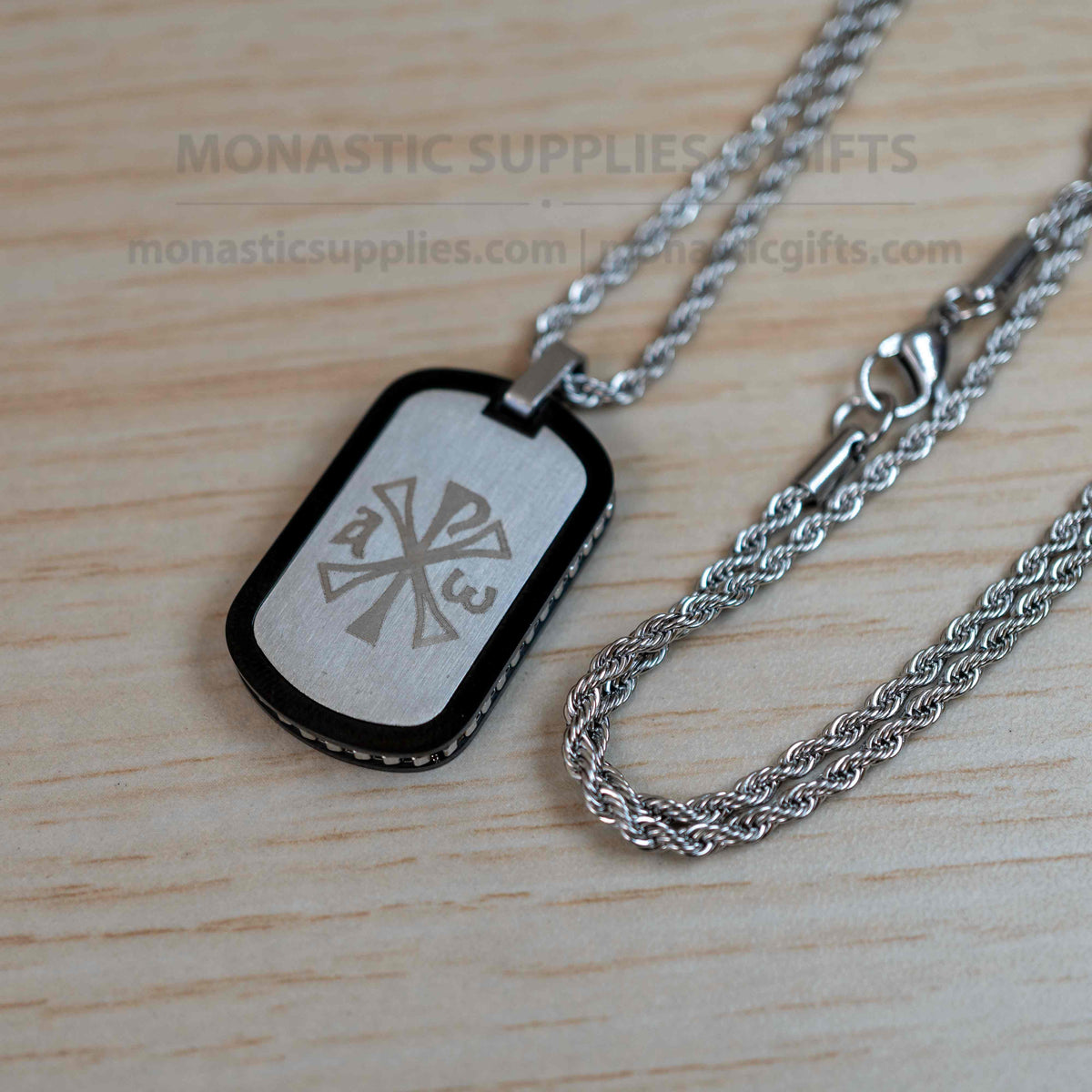 Chi-Rho Christogram & Jesus Prayer 316L Stainless Steel Dog Tag Pendant Necklace with Chain - Handmade Orthodox Velvet Box - 1 Piece