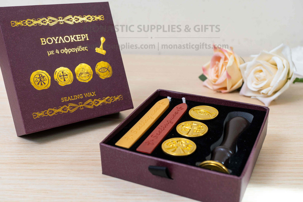 Christian wax seal stamp kit with wooden handle 4 brass seals IC XC NIKA Chi-Rho Byzantine eagle Ichthys and sealing wax sticks in gift box