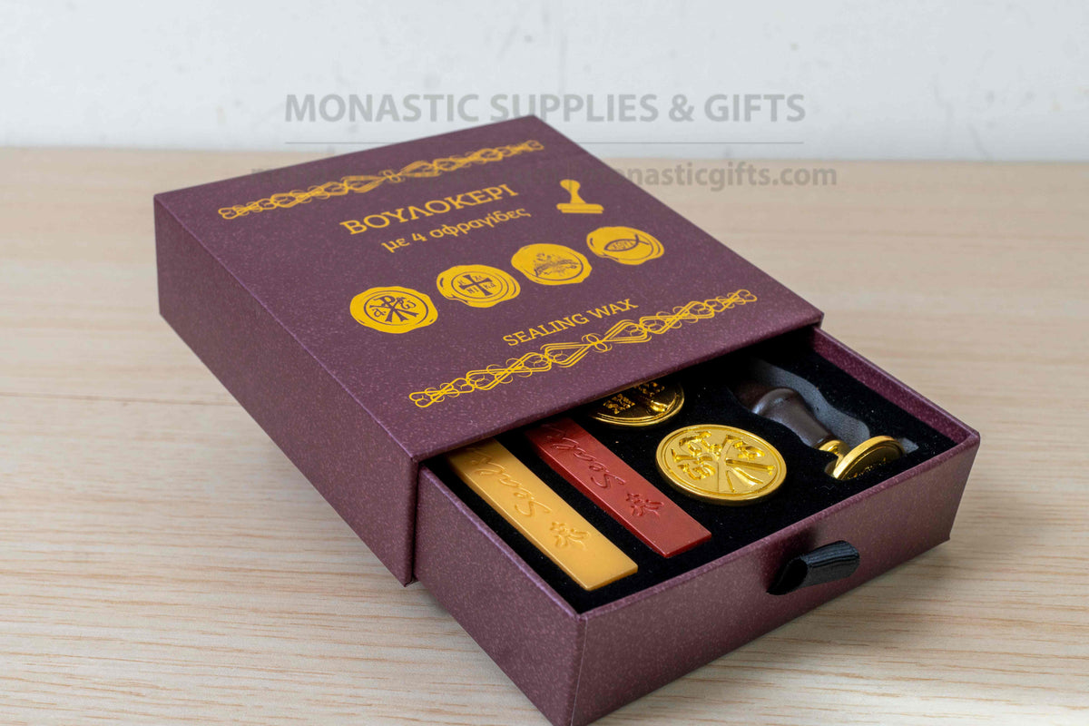 Christian wax seal stamp kit with wooden handle 4 brass seals IC XC NIKA Chi-Rho Byzantine eagle Ichthys and sealing wax sticks in gift box
